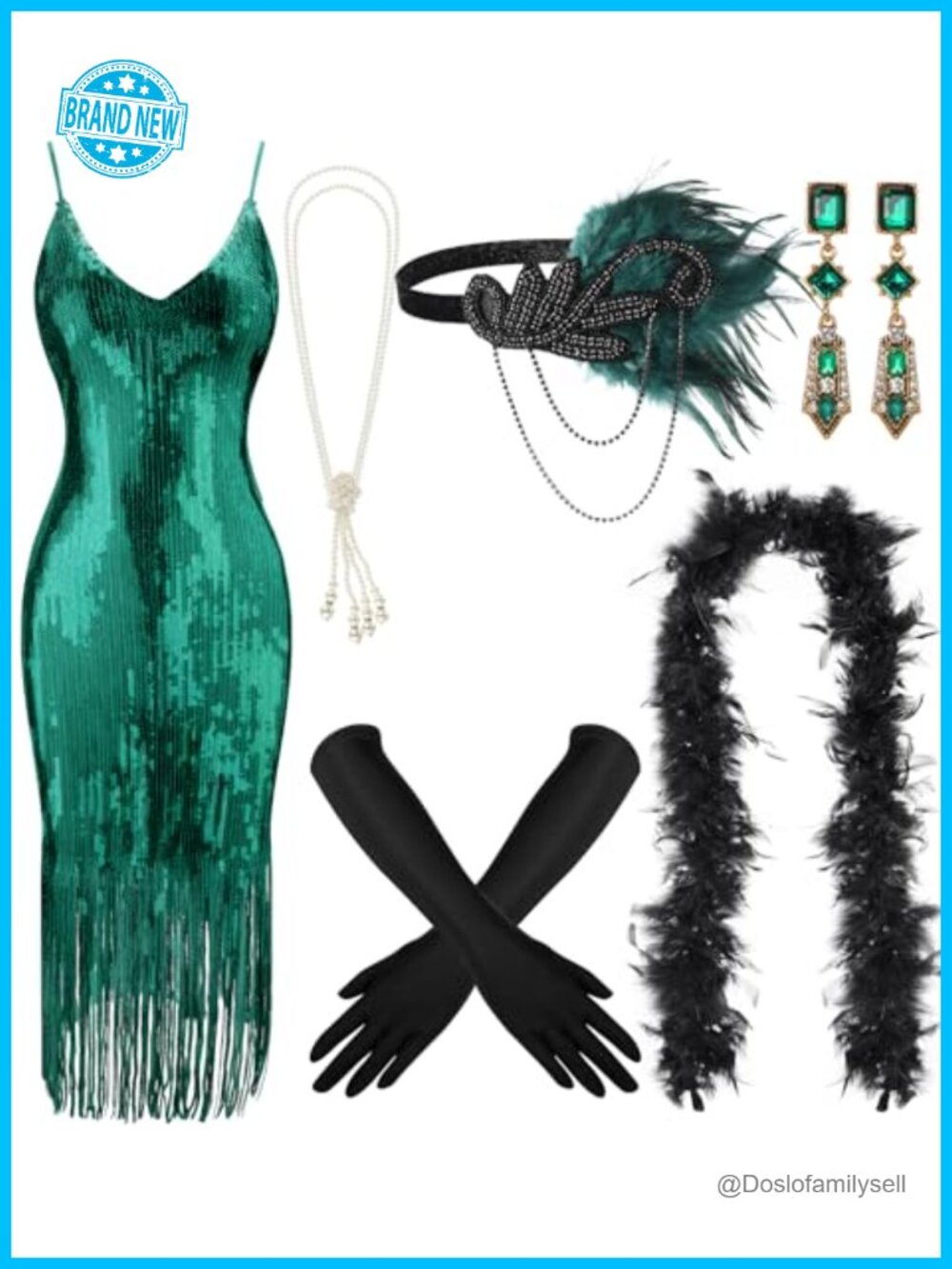 Tisancy 1920s Flapper Dress Sequin Costume 7 Piece Set